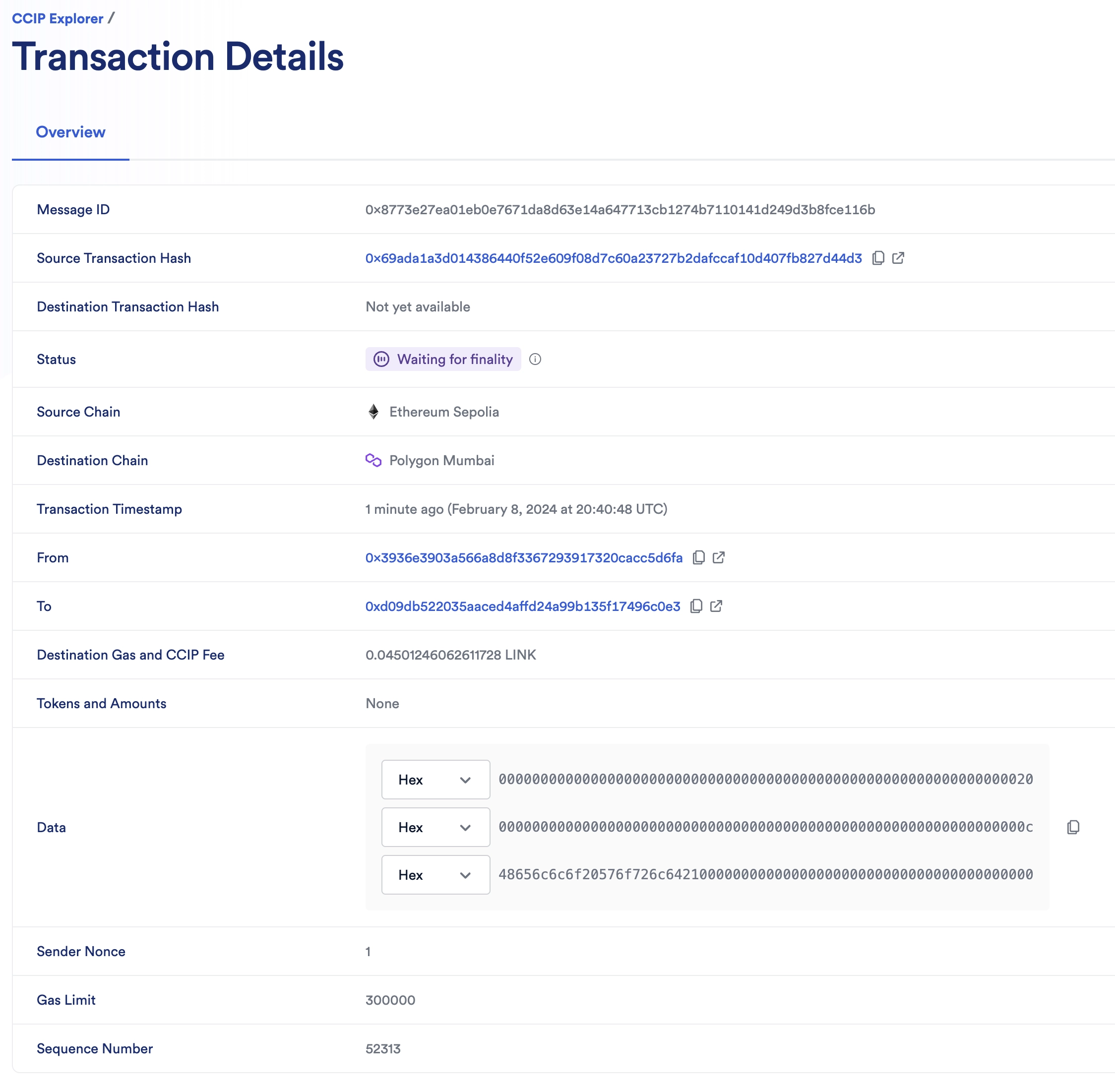 Chainlink CCIP Explorer - Sepolia to Mumbai Transaction Details